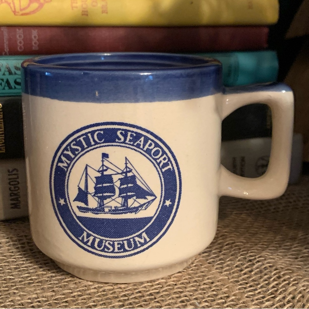 Vintage Mystic Seaport Museum CT Coffee Tea Mug Charles W Morgan Ship Blue Beige
